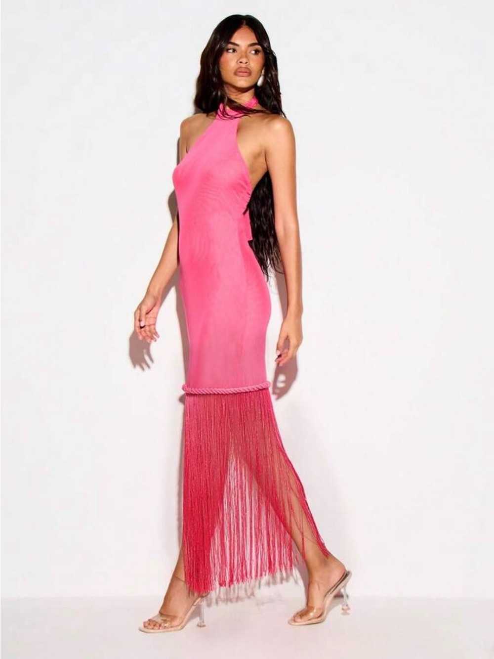 Missguided Hot Pink Halter Fringe Maxi Dress